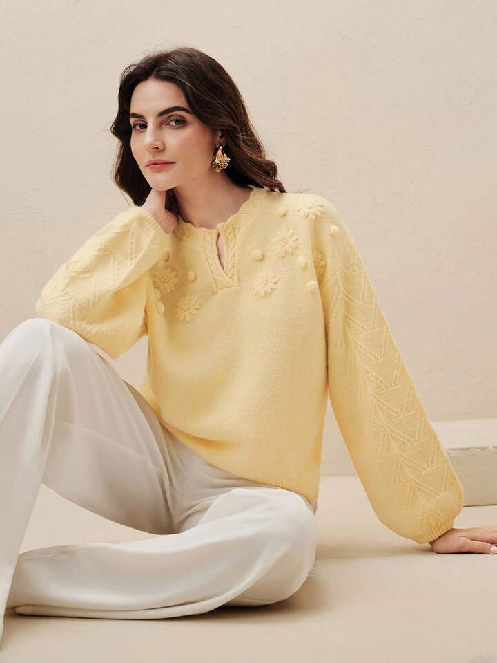 CM-CS731179 Women Elegant Seoul Style Embroidered Floral Motched Neckline Loose Knit Pullover Sweater - Yellow