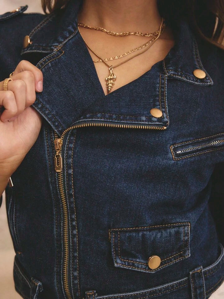 CM-CS992784 Women Casual Seoul Style Medium Wash Long Sleeve Cropped Denim Biker Jacket With Gold Trim Details