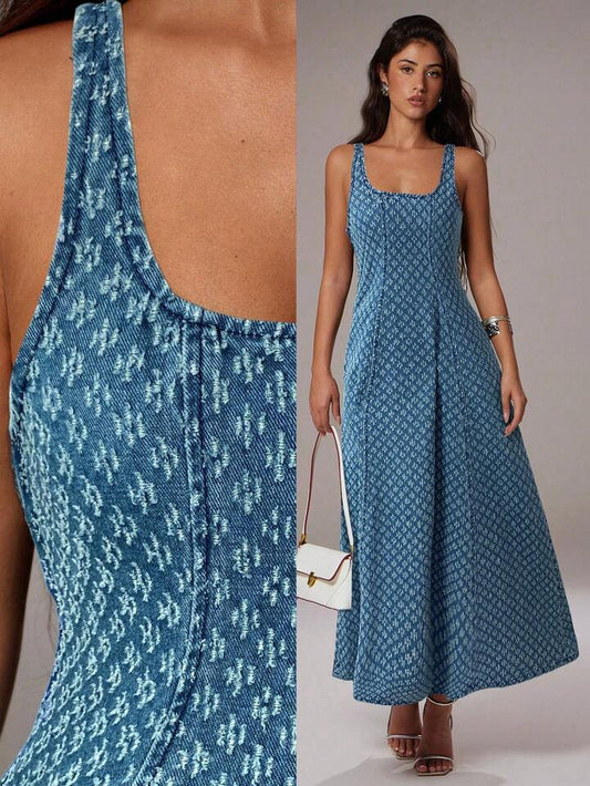 CM-DS070384 Women Elegant Seoul Style Light Wash Square Neck Sleeveless Jacquard Denim Dress