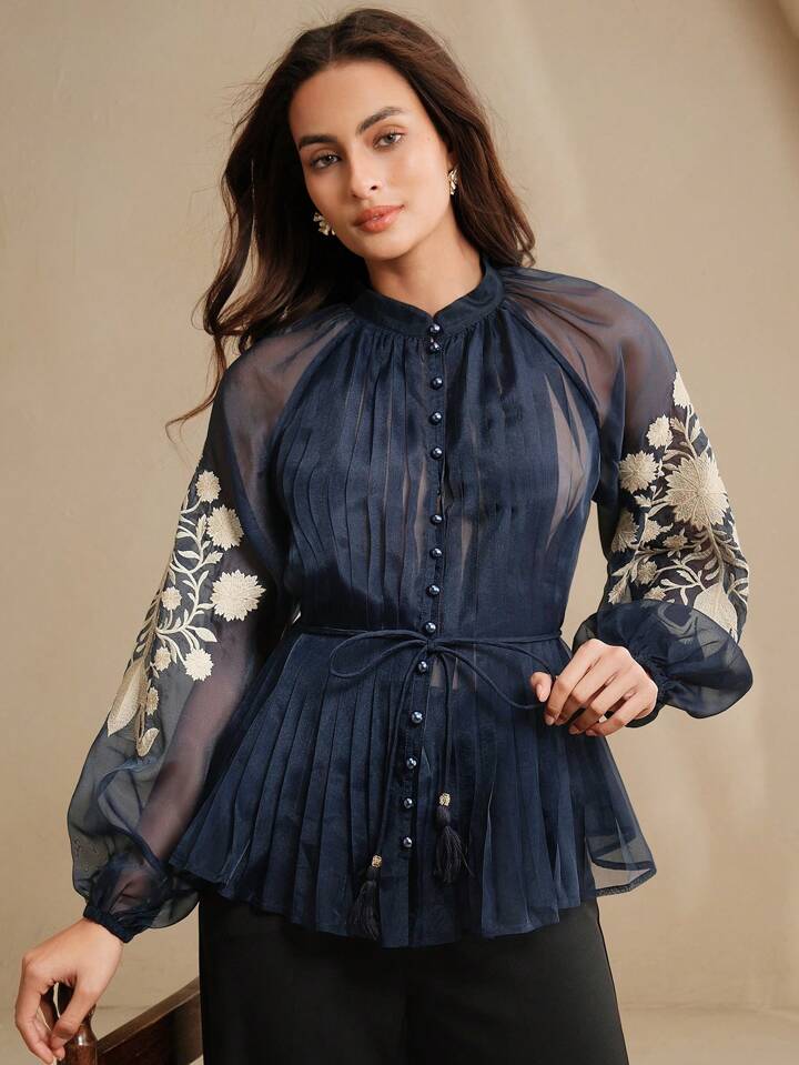 CM-TS591697 Women Elegant Seoul Style Stand Collar Long Sleeve Pleated Embroidered Tie Waist Blouse - Navy Blue