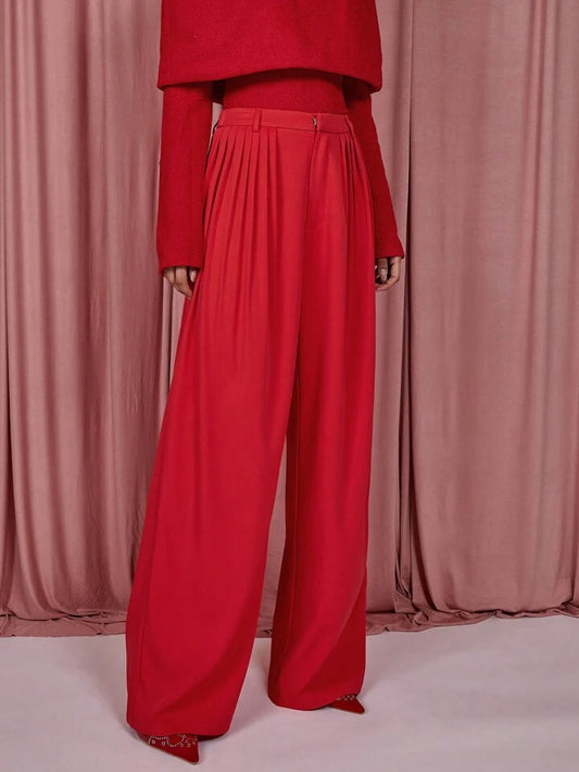 CM-BS170218 Women Elegant Seoul Style High Waist Pleated Long Straight Leg Pants - Red
