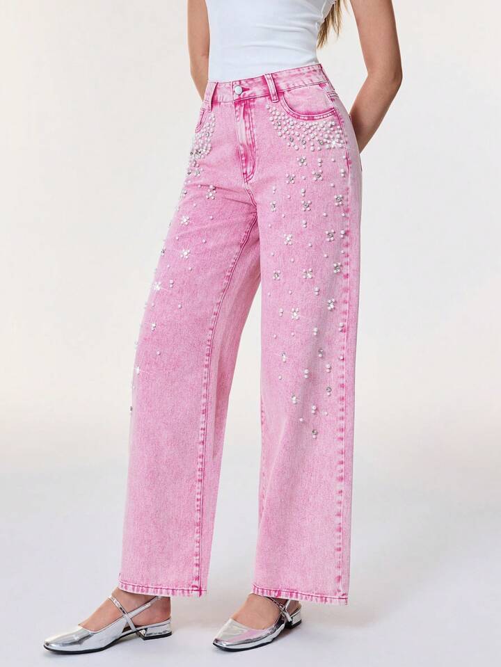 CM-BS416742 Women Casual Seoul Style Pearl Decor Pocket Wide Leg Loose Fit Jeans - Pink