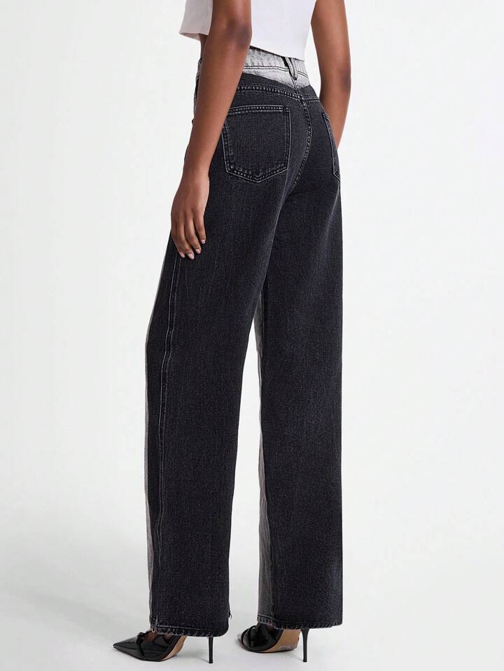 CM-BS901788 Women Casual Seoul Style Color-Block High Waist Patchwork Flared Leg Jeans - Black