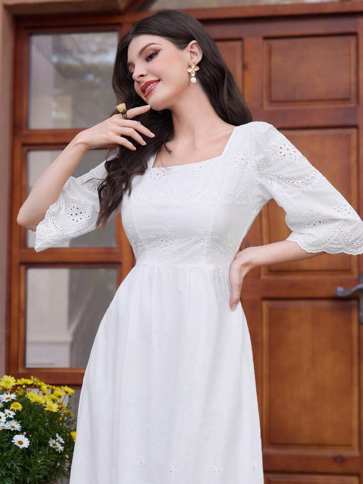 CM-DS576511 Women Trendy Bohemian Style Square Neck Embroidered 3/4 Sleeve Maxi Dress - White