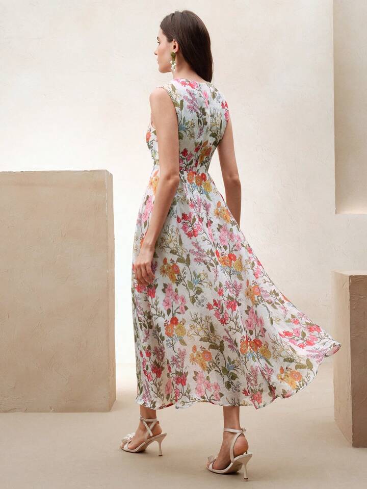 CM-DS288882 Women Elegant Seoul Style High-Quality Round Neck Floral Printed Sleeveless Long Dress