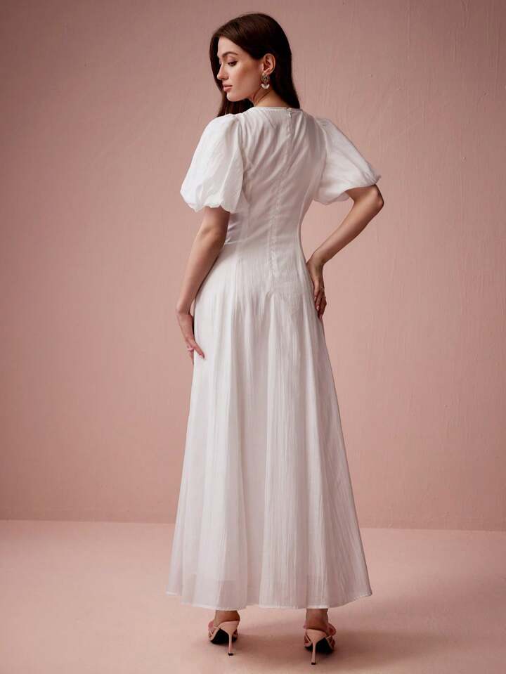CM-DS127260 Women Elegant Seoul Style Round Neck Bubble Pleat Puff Long Sleeve Maxi Dress - White