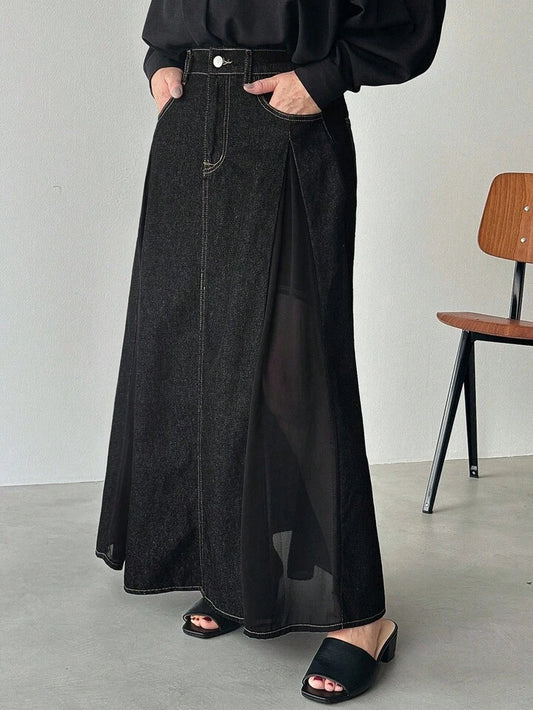 CM-BS090791 Women Casual Seoul Style Solid Color Mid Waist Slit Sheer Denim Maxi Skirt - Black
