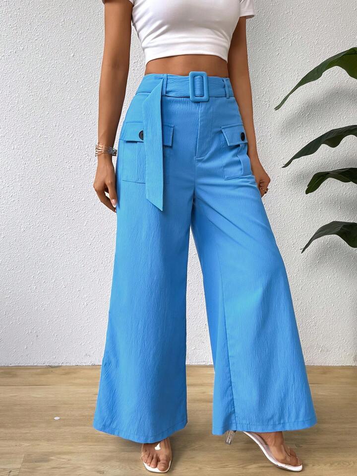 CM-BS942134 Women Casual Seoul Style Flap Pocket Buckle Belted Wide Leg Pants - Blue