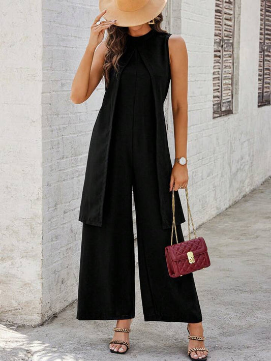 CM-JS736766 Women Elegant Seoul Stye Round Neck Sleeveless Loose Wide Leg Jumpsuit - Black