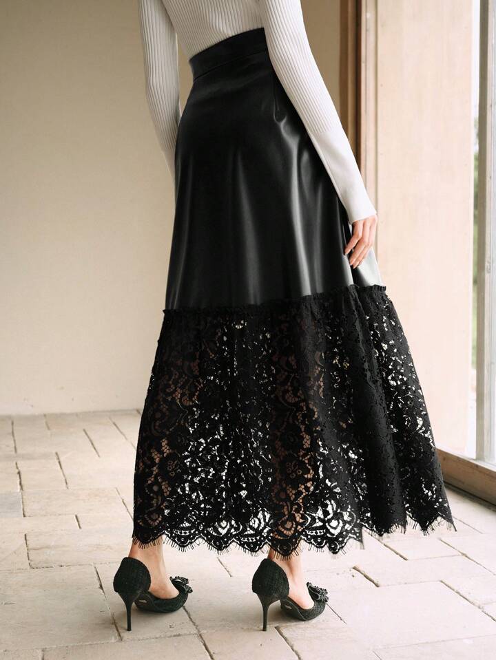 CM-BS697196 Women Elegant Seoul Style Lace Splicing PU Leather Mid-Length A-Line Skirt - Black