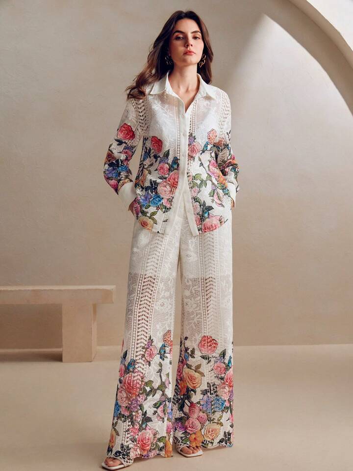 CM-SS045270 Women Elegant Seoul Style Multicolor Print Lace Long Sleeve Shirt With Wide Leg Pants - Set