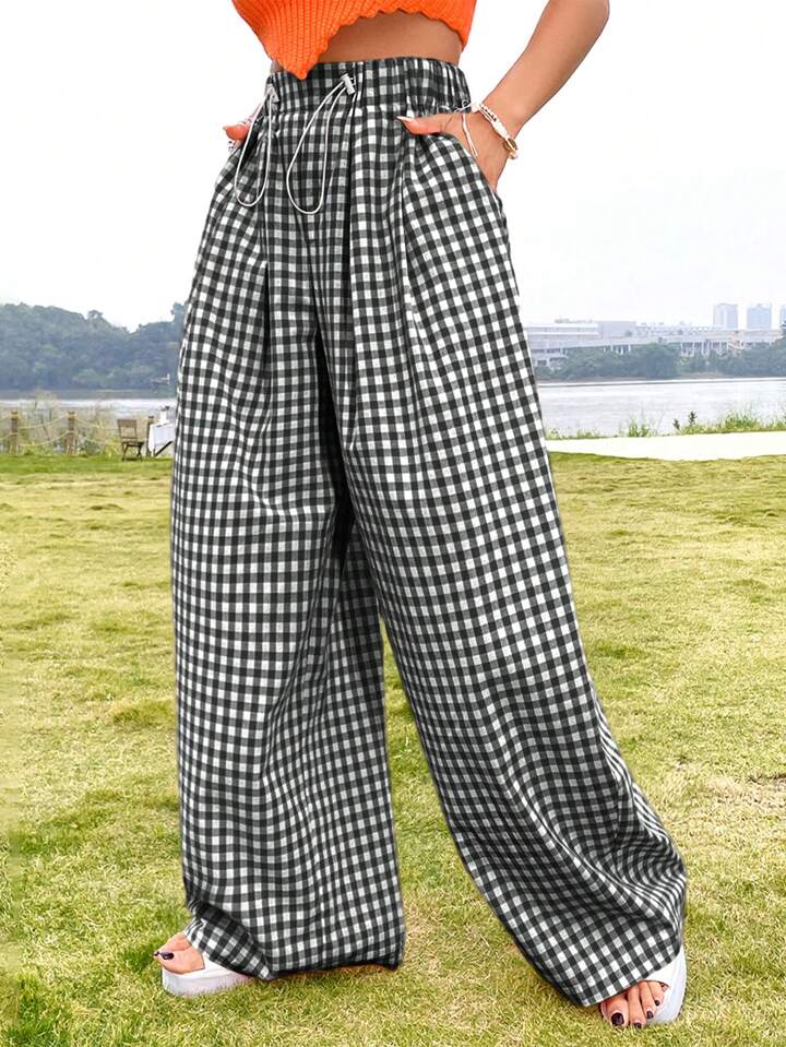 CM-BS557184 Women Casual Seoul Style Gingham Print High Waist Wide-Leg Long Pants - Black