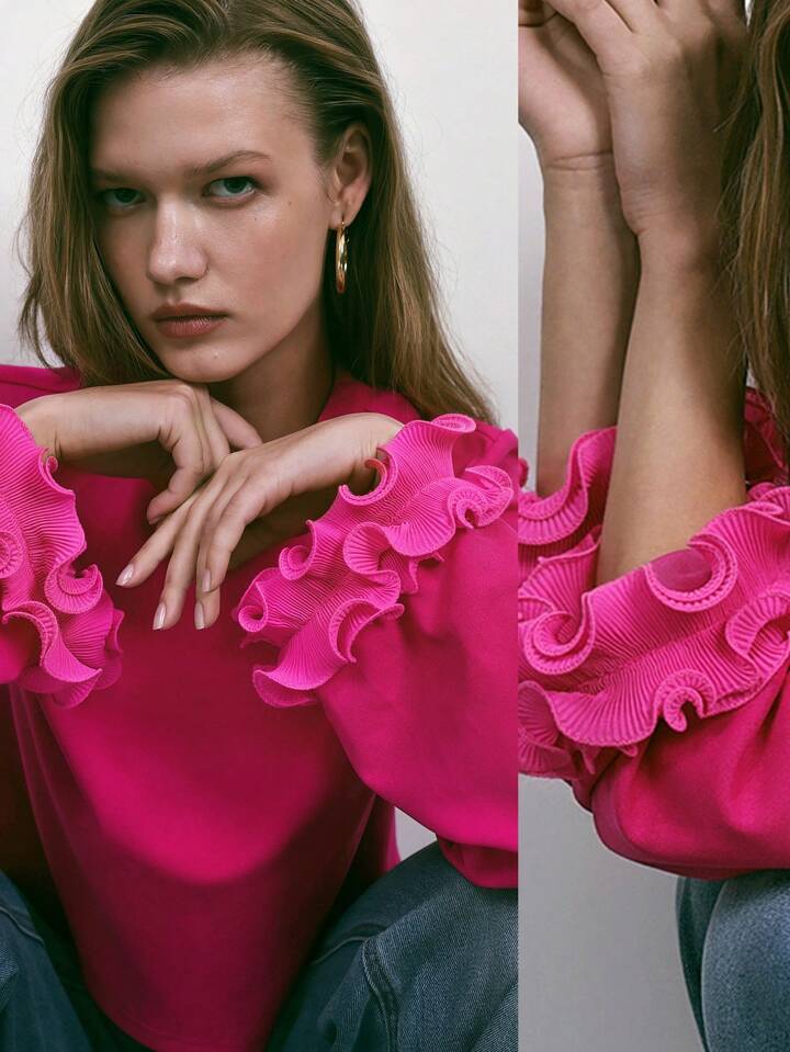 CM-TS102200 Women Casual Seoul Style Scoop Neck Patchwork Floral Cuff 3D Top - Hot Pink