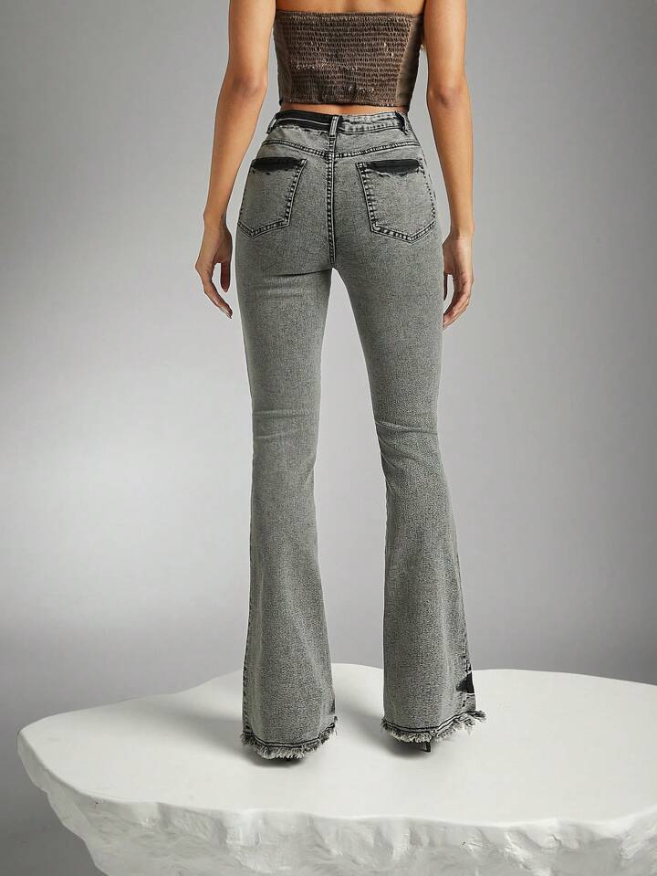 CM-BS954336 Women Casual Seoul Style Distressed Frayed Details Flare Leg Denim Jeans - Light Gray