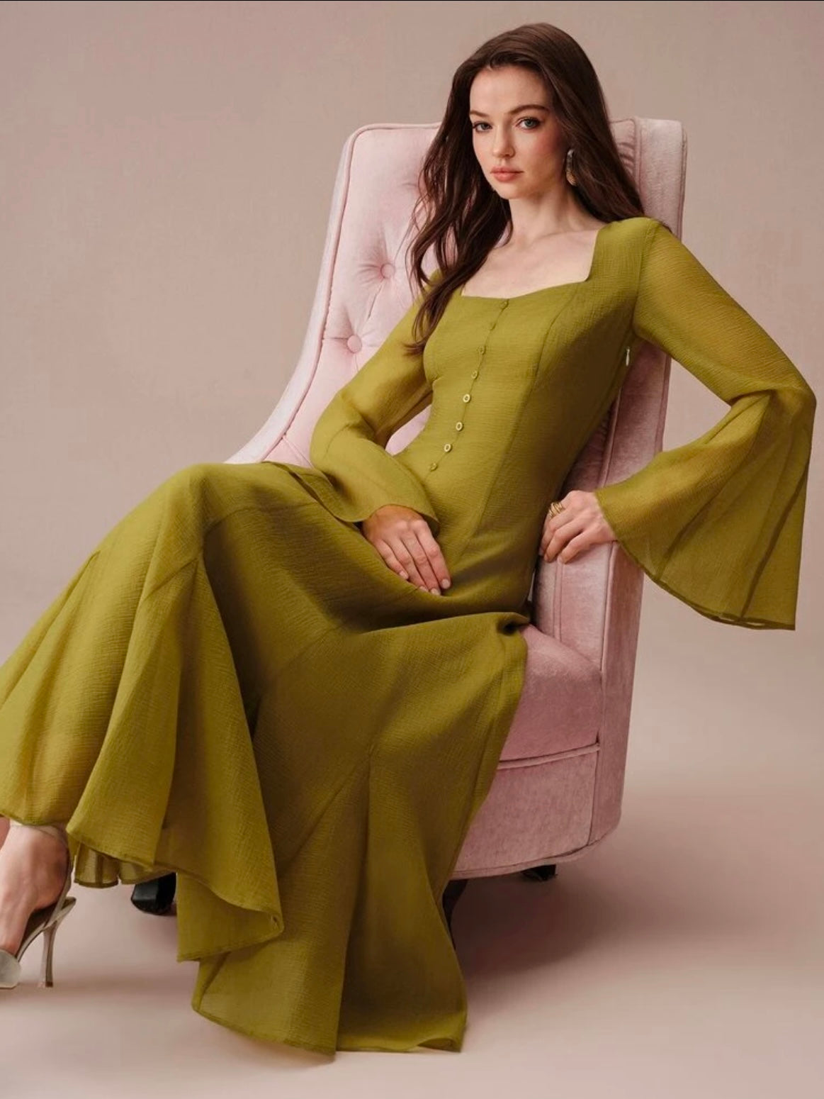 CM-DS291710 Women Elegant Seoul Style Pleated Waist-Cinching Front Button Flared A-Line Ruffle Hem Long Dress