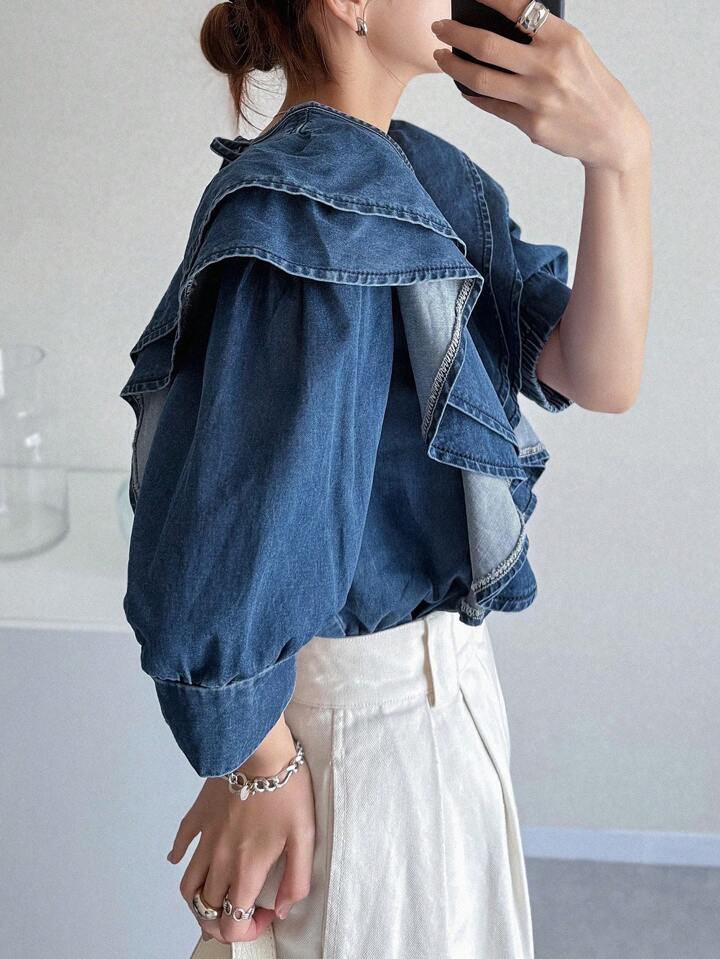 CM-TS697697 Women Casual Seoul Style Dark Wash Tie Neck Puff Sleeve Ruffle Trim Denim Blouse