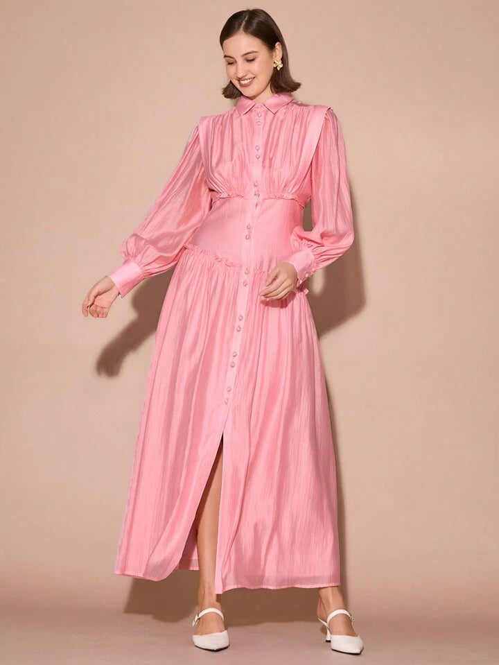 CM-DS410178 Women Elegant Seoul Style Collar Neckline Front Button Lantern Long Sleeve Gathered Maxi Dress