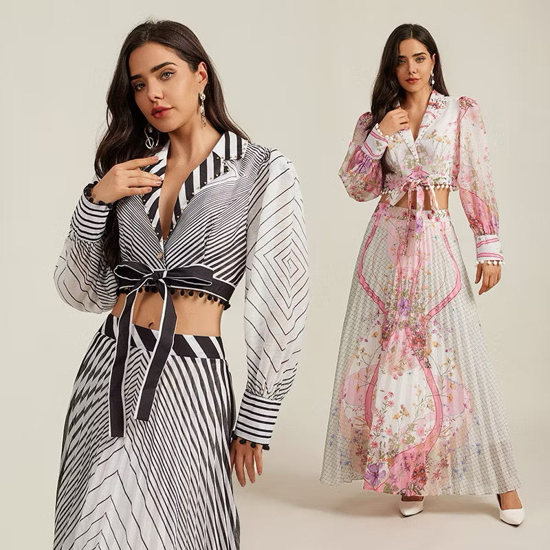 CM-SY010981 Women Elegant European Style Lapel Neckline Long Sleeve Crop Blouse With High Waist Long Skirt - Set