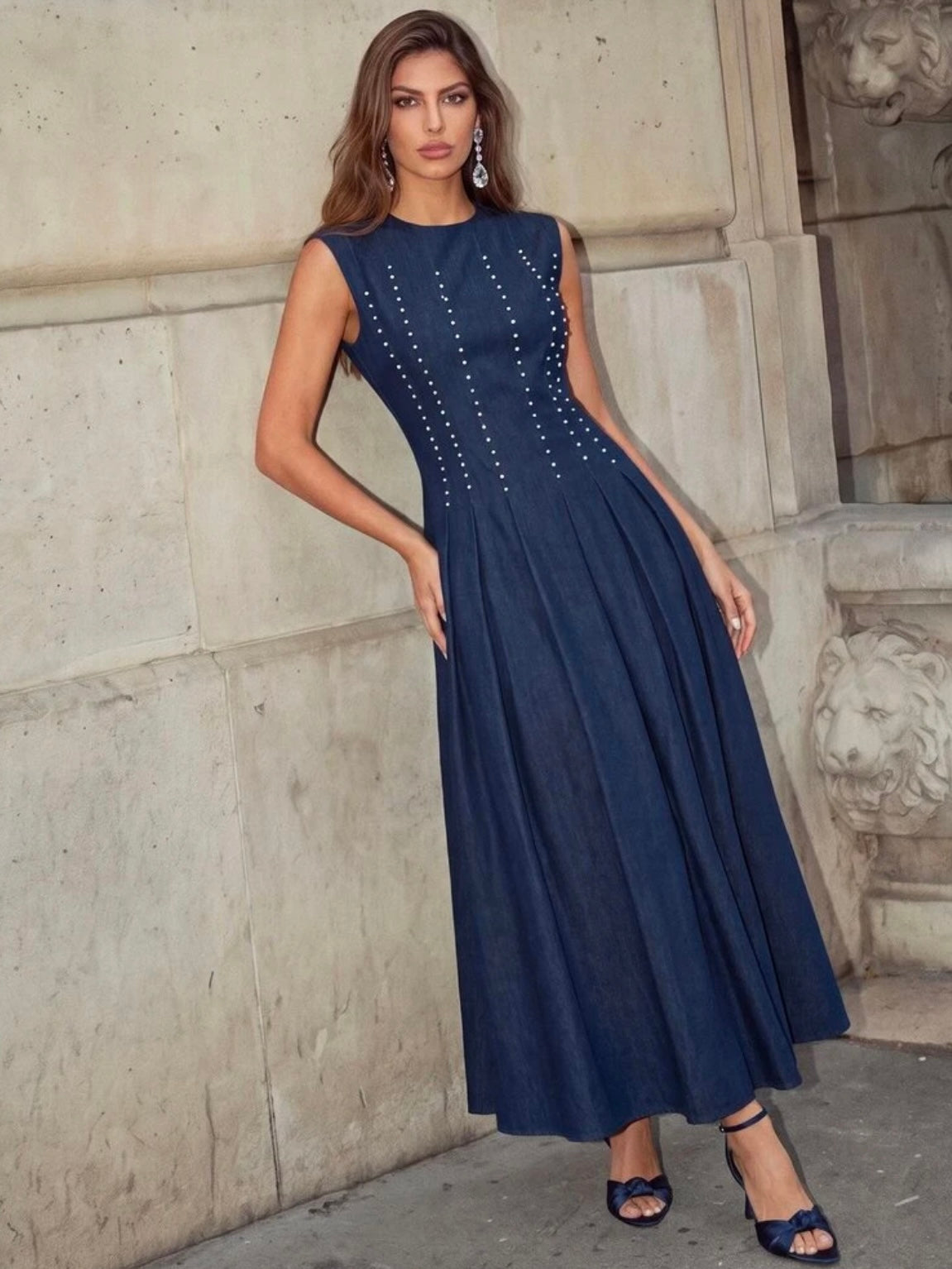 CM-DS438479 Women Elegant Seoul Style Round Neck Sleeveless Pearl Decor Waist-Cinched A-Line Pleated Long Denim Dress
