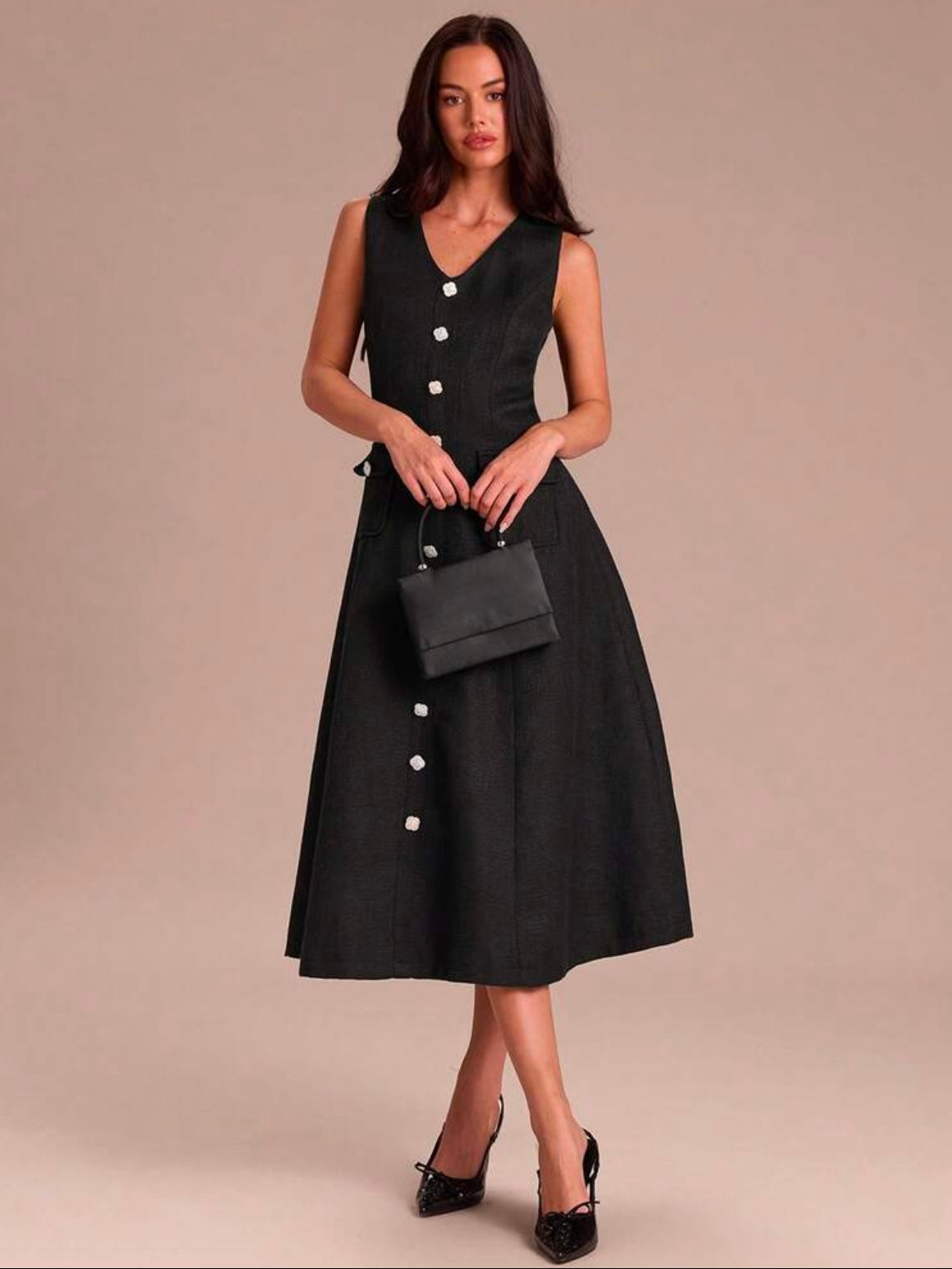 CM-DS919991 Women Elegant Seoul Style V-Neck Sleeveless Woven A-Line Flared Midi Dress With Pockets - Black