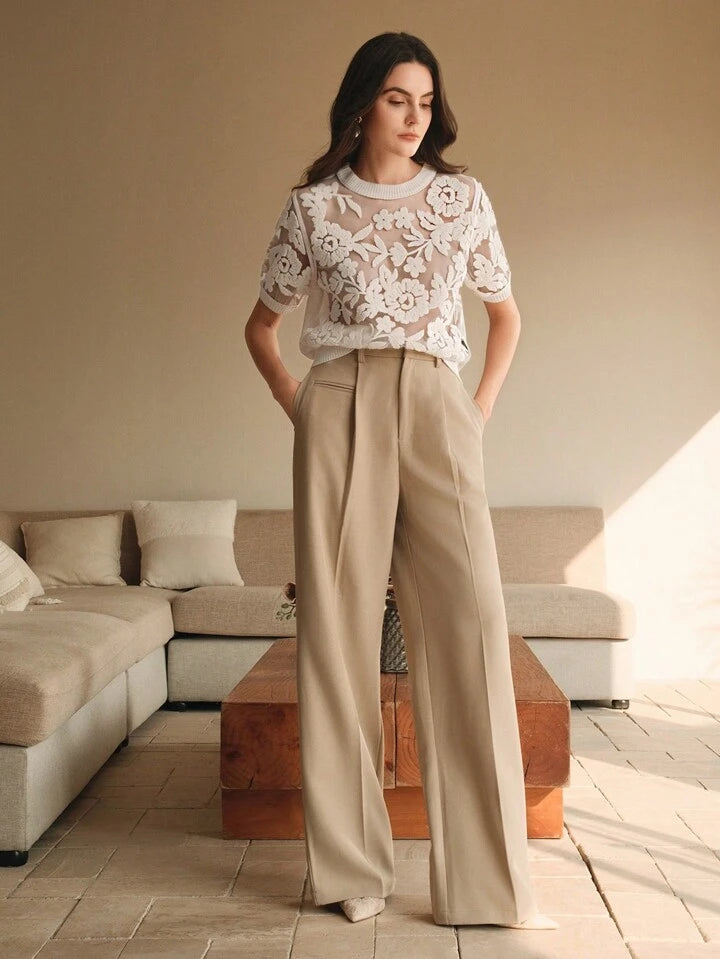 CM-TS314114 Women Casual Seoul Style Floral Mesh Round Neck Short Sleeve Knit Top - White