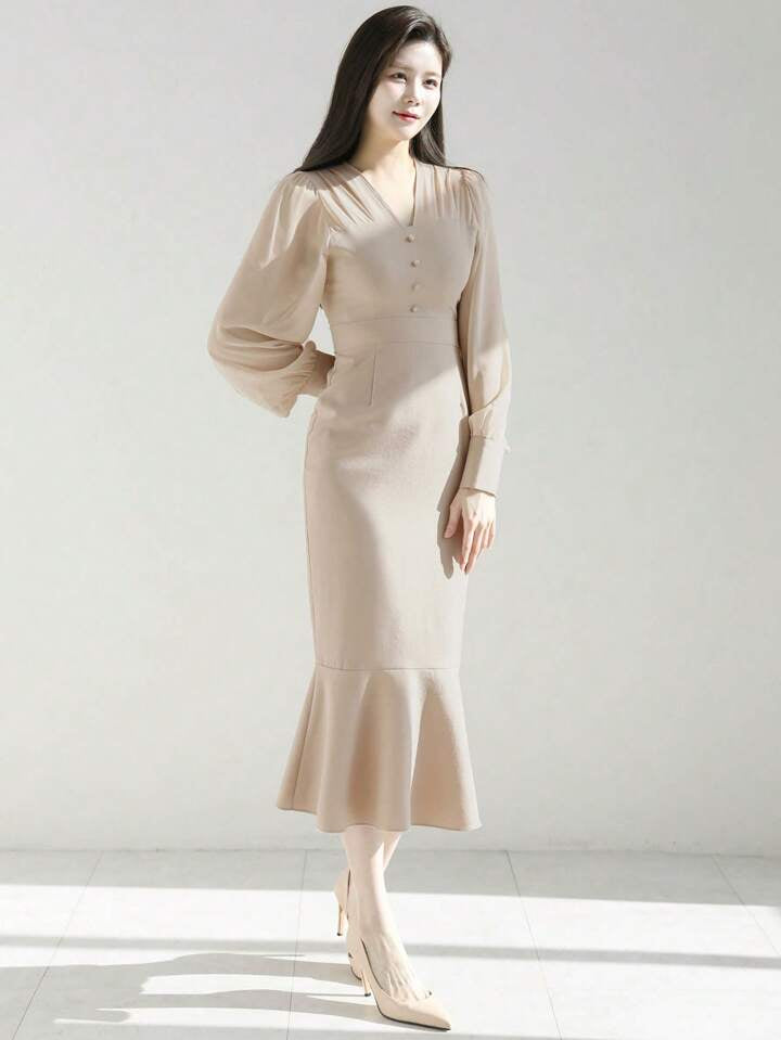 CM-DS531451 Women Elegant Seoul Style Solid Button Detail Long Sleeve Mermaid Hem Dress
