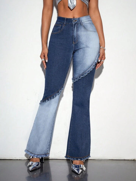 CM-BS944004 Women Casual Seoul Style Colorblock Frayed Hem Flare Jeans - Blue
