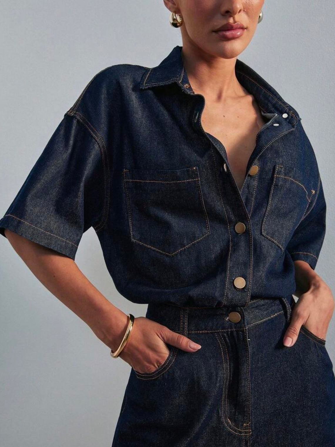 CM-JS876546 Women Casual Seoul Style Dark Wash Collared Short Sleeve Relaxed Denim Jumpsuit