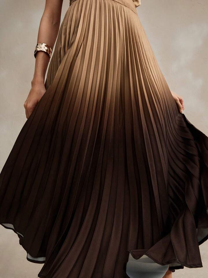 CM-BS892088 Women Elegant Seoul Style High Waist Ombre Pleated A-Line Maxi Skirt - Khaki