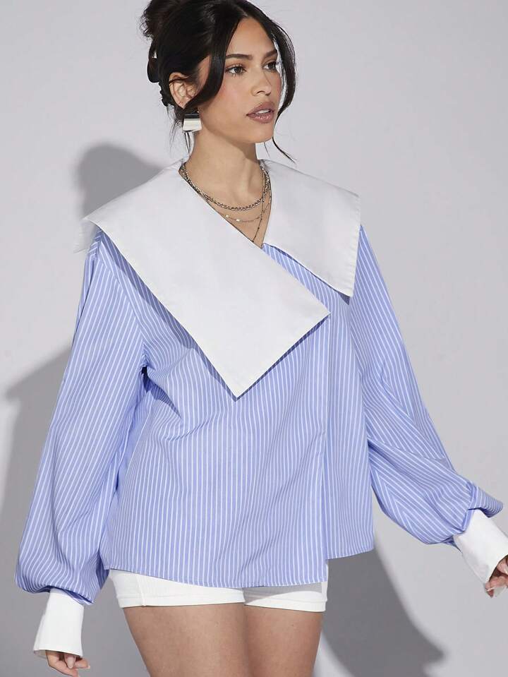 CM-TS691243 Women Casual Seoul Style Asymmetrical Collared Bishop Sleeve Ciolorblock Blouse