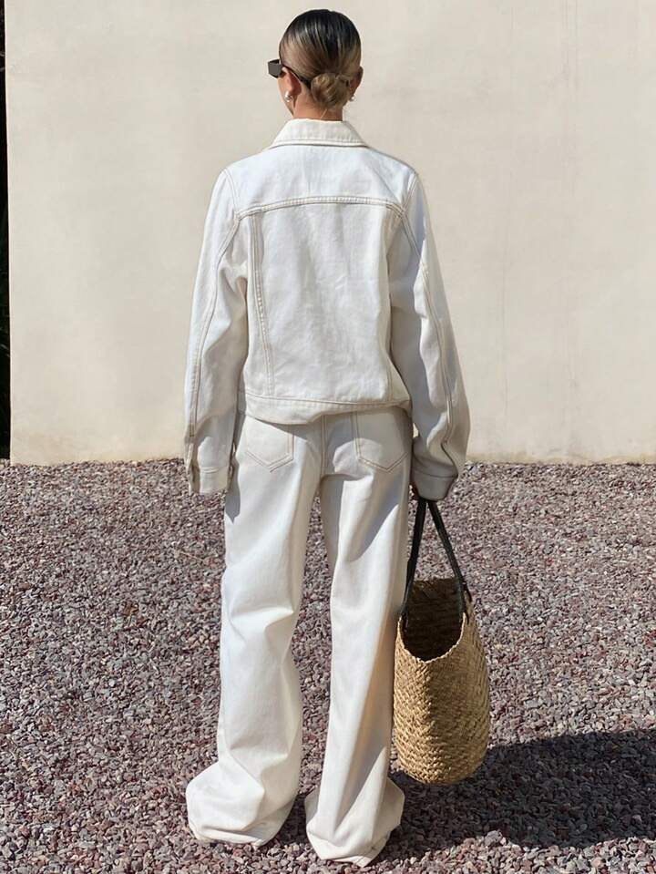 CM-SS672764 Women Casual Seoul Style Collared Neckline Long Sleeve Denim Jacket With Pants - Set