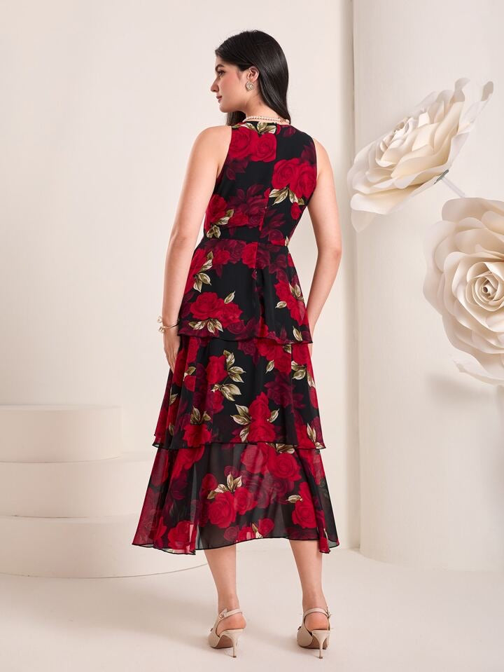 CM-DS928568 Women Casual Seoul Style Floral Print Sleeveless Ruffle Hem Dress
