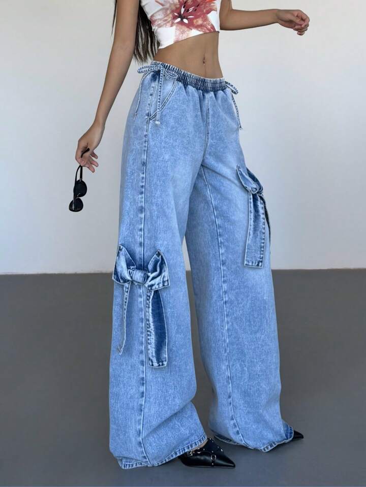 CM-BS959212 Women Casual Seoul Style Bow Decor Patch Pocket Wide Leg Denim Jeans - Blue