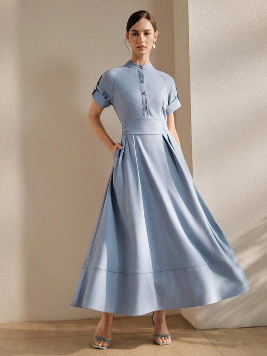 CM-DS020205 Women Elegant Seoul Style Collar Raglan Short Sleeve Waist Gathered Flared Denim Effect Dress - Blue