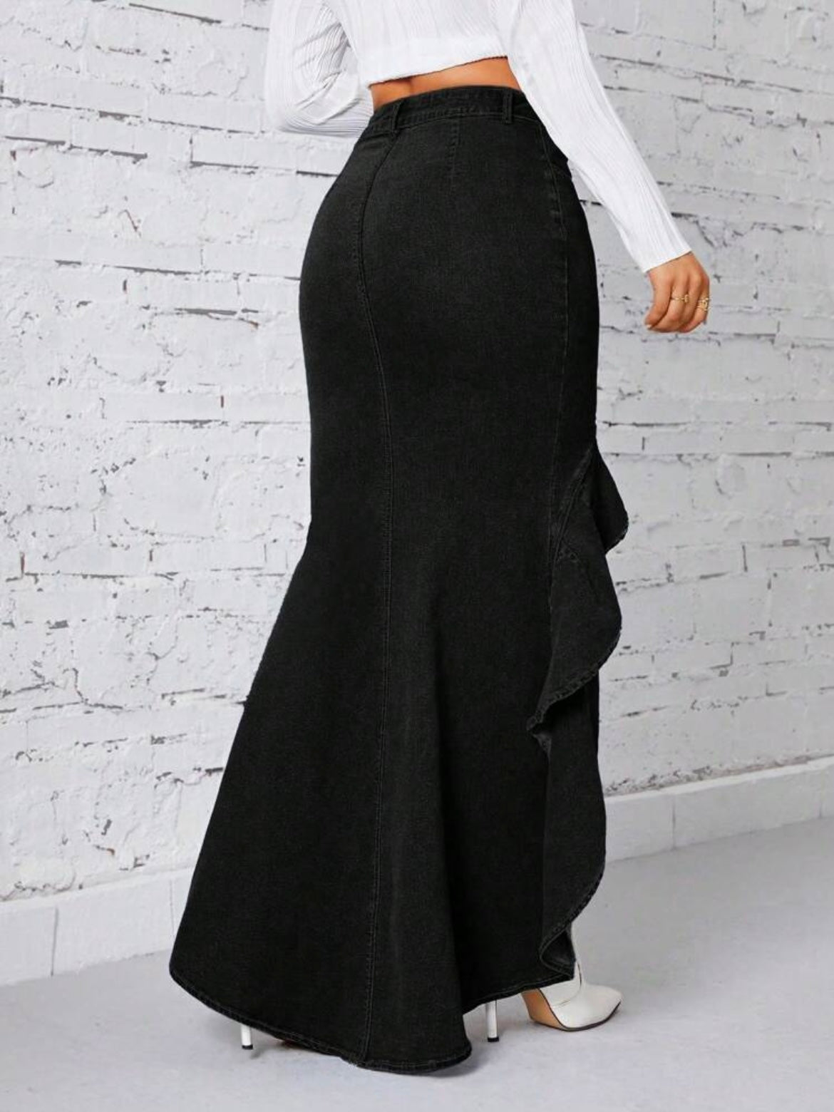 CM-BS844664 Women Casual Seoul Style Asymmetrical Ruffled Hem Side Slit Long Denim Skirt - Black