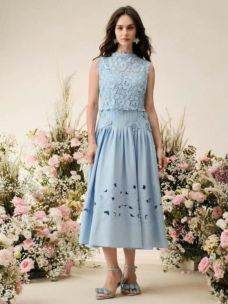CM-DS956378 Women Elegant Seoul Style Stand Collar Sleeveless Floral Embroidered Lace Midi Dress - Blue