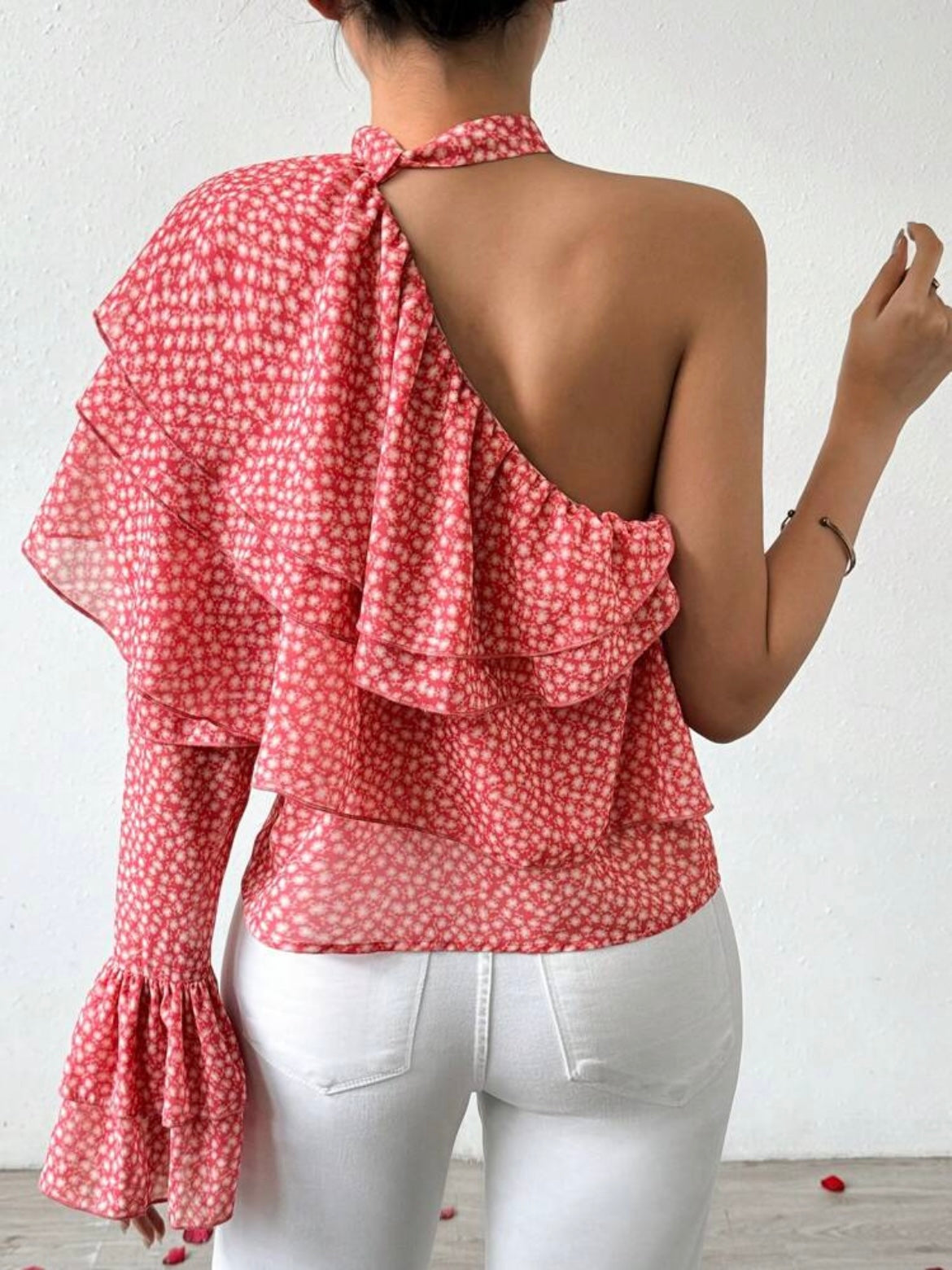 CM-TS285877 Women Trendy Bohemian Style One-Shoulder Floral Print Ruffle Trim Blouse - Pink