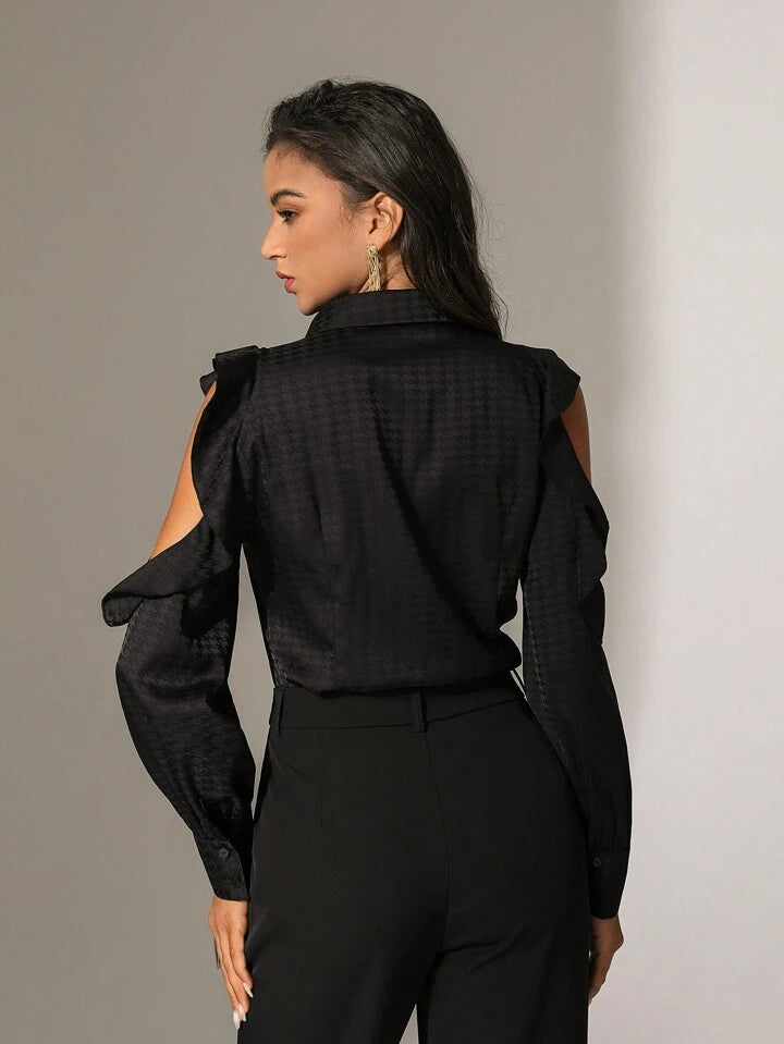 CM-TS583945 Women Casual Seoul Style Spliced Hollow Out Ruffle Off Shoulder Long Sleeve Shirt
