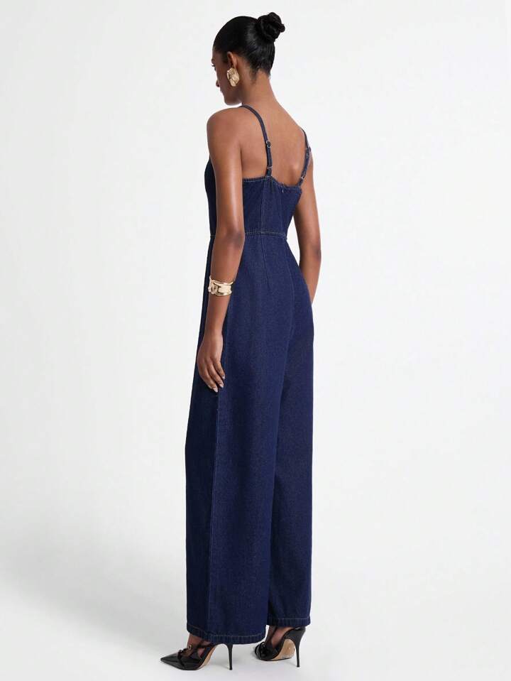 CM-JS419556 Women Casual Seoul Style Dark Wash Spaghetti Strap Sleeveless Extra Long Denim Jumpsuit