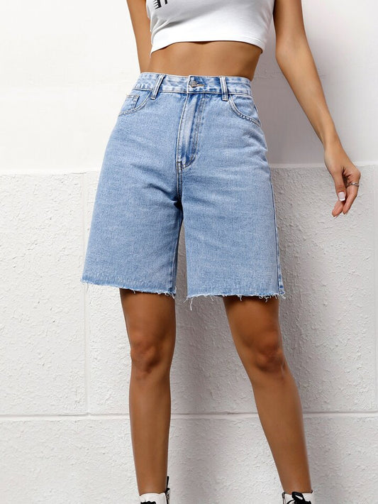CM-BS499196 Women Casual Seoul Style Light Wash Solid Color Pocket Frayed Hem Bermuda Denim Shorts