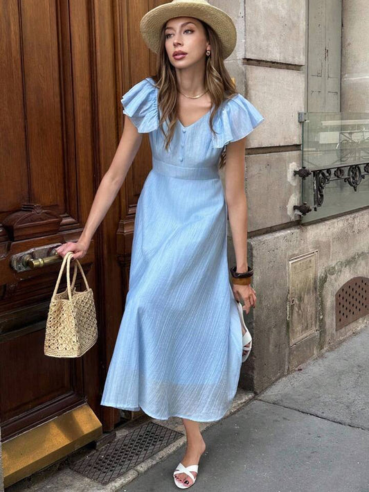 CM-DS339166 Women Casual Seoul Style V-Neck Ruffle Sleeve Pleated High Waist A-Line Dress - Blue