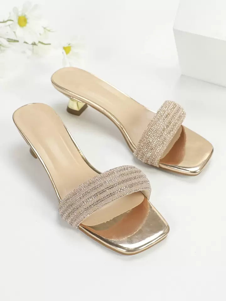 CM-SHS624904 Women Trendy Seoul Style Rhinestone Decor Sculptural Heeled Open Toe Mule Sandals - Champagne
