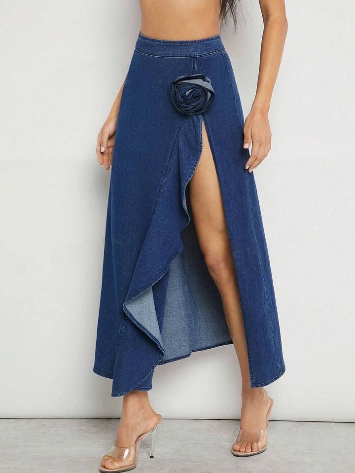 CM-BS069892 Women Elegant Seoul Style Light Wash 3D Rosette Ruffle Split Denim Skirt