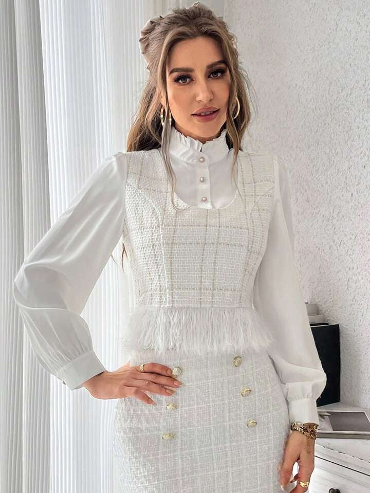 CM-TS785705 Women Elegant Seoul Style Plaid Pattern Fringe Hem Button 2 In 1 Blouse - White