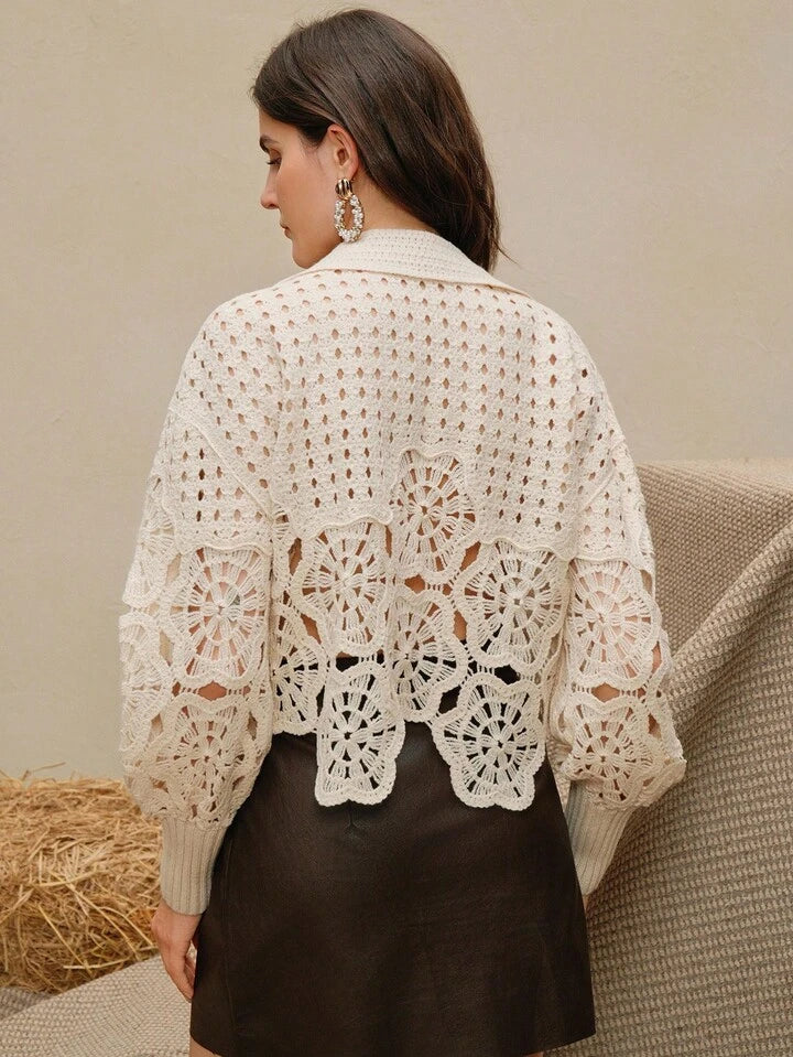 CM-CS191991 Women Elegant Seoul Style Loose Fit Turndown Collar Hollow Out Long Sleeve Sweater - Apricot