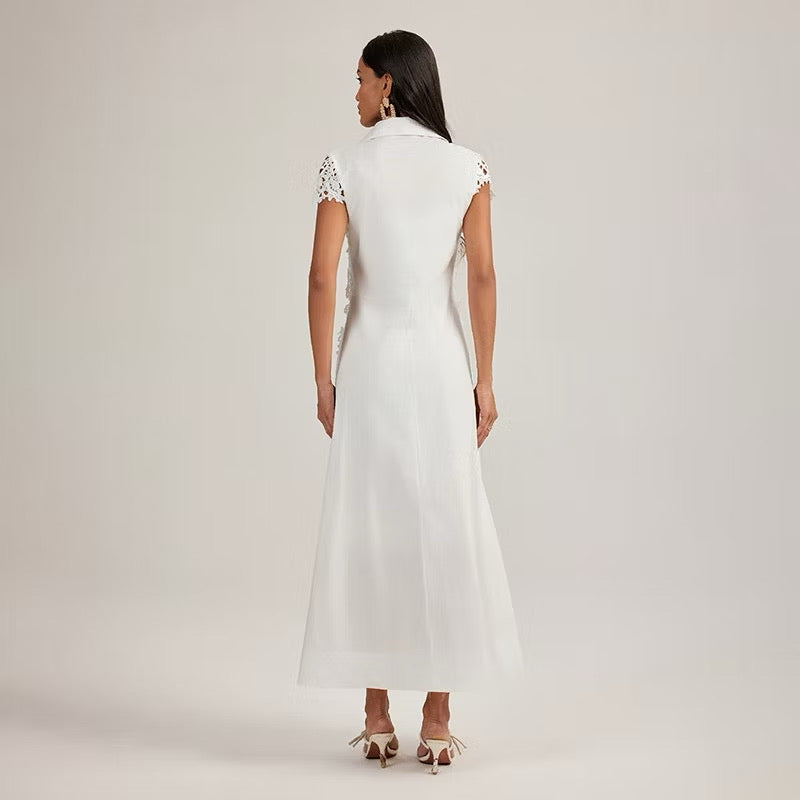 CM-DY044437 Women Elegant European Style Lace Collar Neckline Short Sleeve Splice Long Dress (Available in 2 colors)
