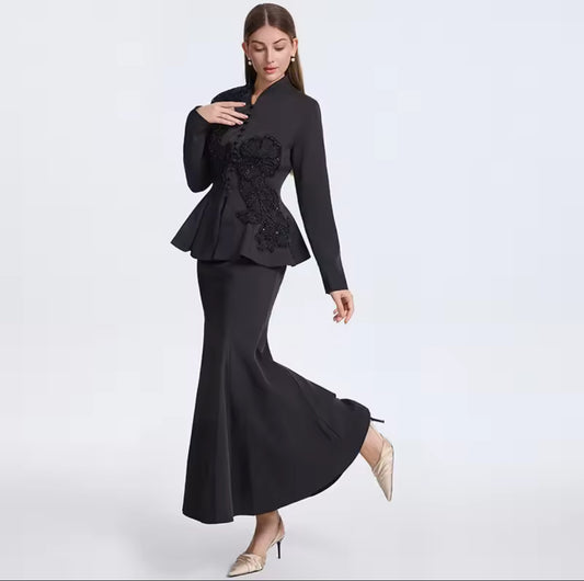 CM-SY069941 Women Elegant European Style V-Neck Long Sleeve Beads Decor Blouse With Mermaid Skirt - Set