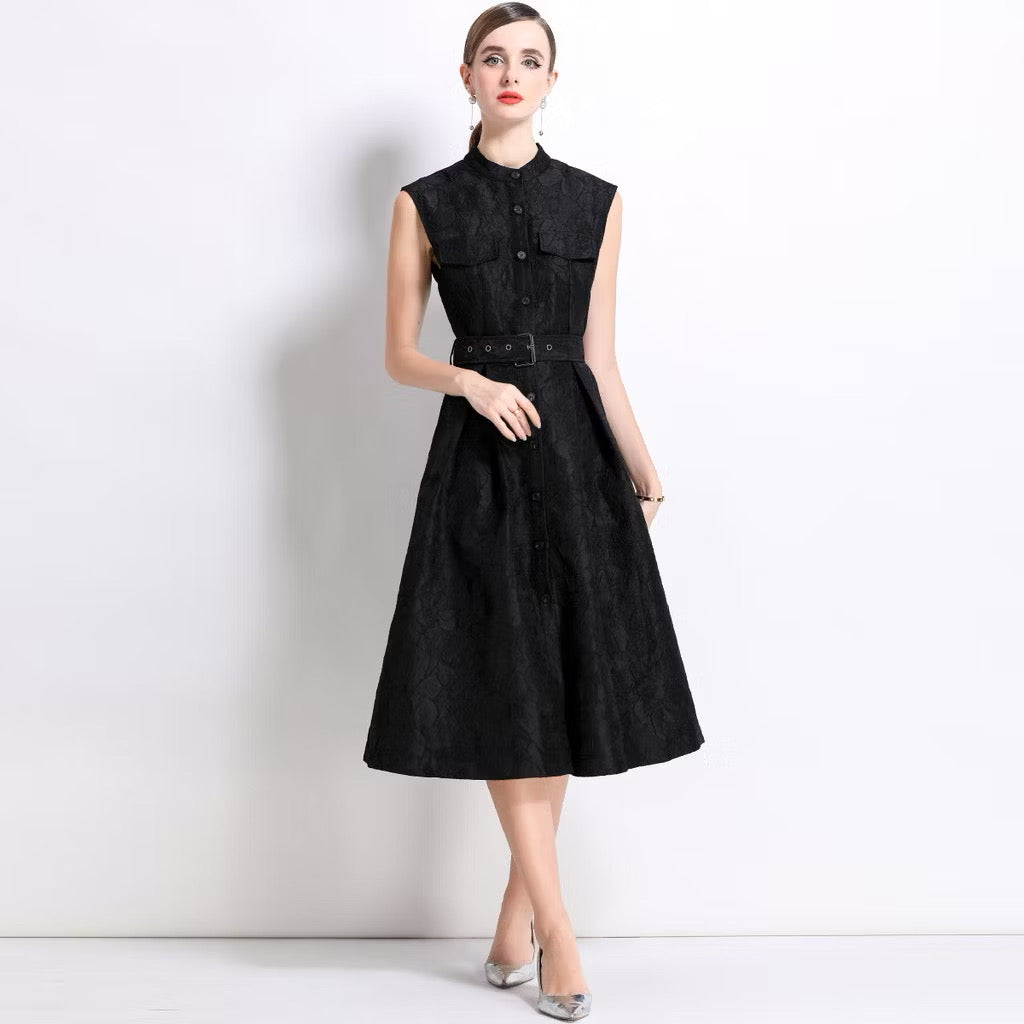 CM-DY054302 Women Elegant European Style Stand Collar Sleeveless Slim Mid-Length Dress - Black