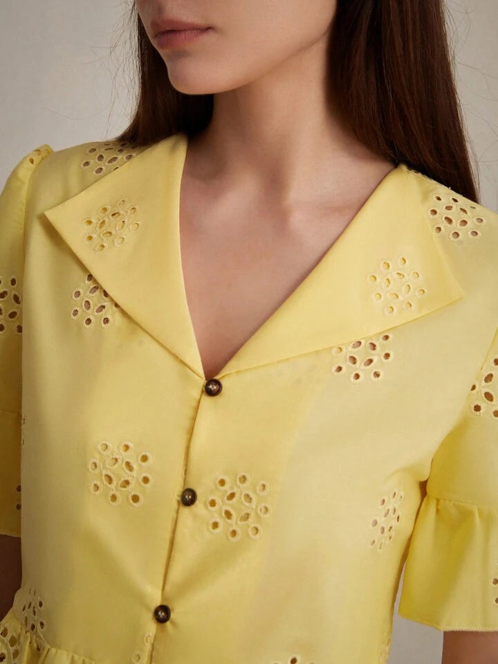 CM-TS061633 Women Casual Seoul Style Hollow Embroidery Turn-Down Collar Shirt - Yellow