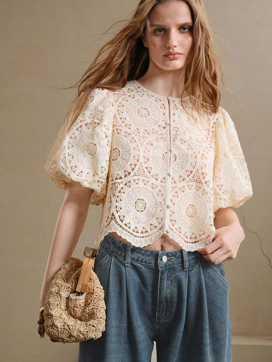 CM-TS318012 Women Elegant Seoul Style Lace Hollow Puff Sleeve Round Neck Placket Shirt - Apricot